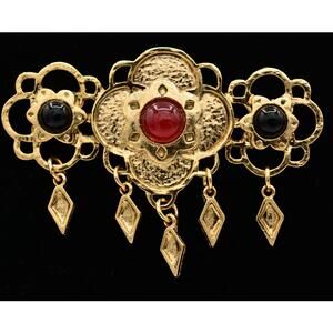 Craft Vintage Cabochon Pin Brooch Antiqued Gold Red Chunky NOS Signed 1980s